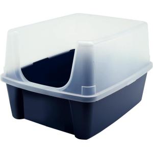 image:imageIRIS USA Open Top Cat Litter Tray with Scatter Shield Sturdy Easy to Clean Open Air Kitty Litter Pan with Tall Spray and Scatter Shield Navy