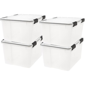 image:imageIRIS USA 4 Pack WeatherPro Stackable Storage Tote Bins Plastic Gasket Box with Tight Latching Lids and Seal 47 Quart ClearBlack