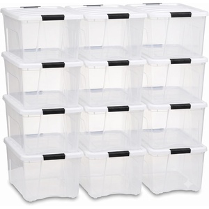 image:imageIRIS USA 12Pack 40 Quart Stackable Storage Bins with Lids ClearWhite  Large Plastic Totes Home Organization Containers for Seasonal Decor Clothing Accessory and Craft Supplies